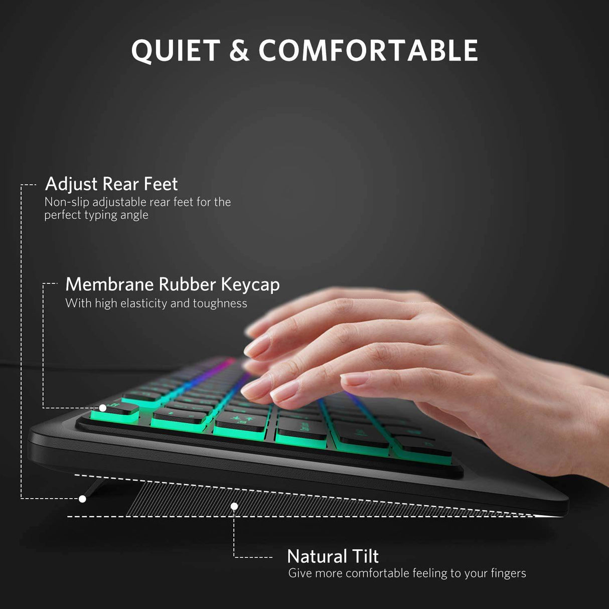 Fiodio Rainbow Membrane Gaming Keyboard, Silent Wired Computer Keyboard, 104 Silent Keys, 26 Anti-Ghosting Keys, Resistente a derrames, Control multimedia para PC y escritorio