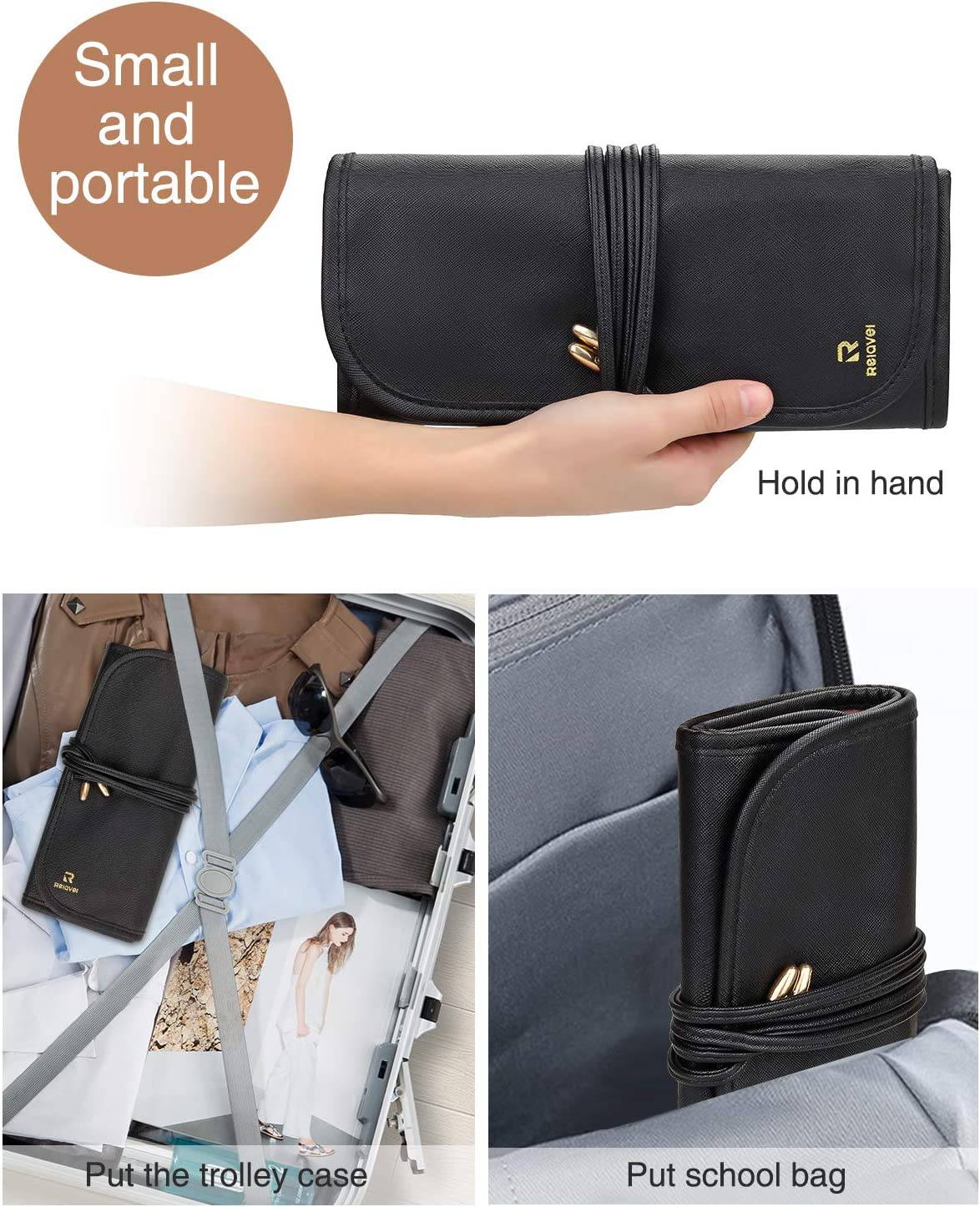 Relavel - Estuche para brochas de maquillaje Estuche para brochas de maquillaje, Estuche de cuero negro con bolsa transparente pequeña