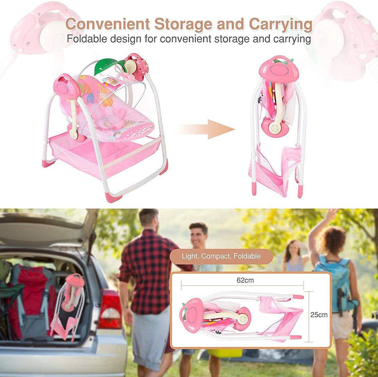 AIBEEYOU - Columpio para bebé con 6 movimientos, con música, sonidos y función de sincronización, balancín para bebé con 2 juguetes, asiento de plástico y soporte suave para la cabeza, tela lavable a máquina (rosa) - DIGVICE MX