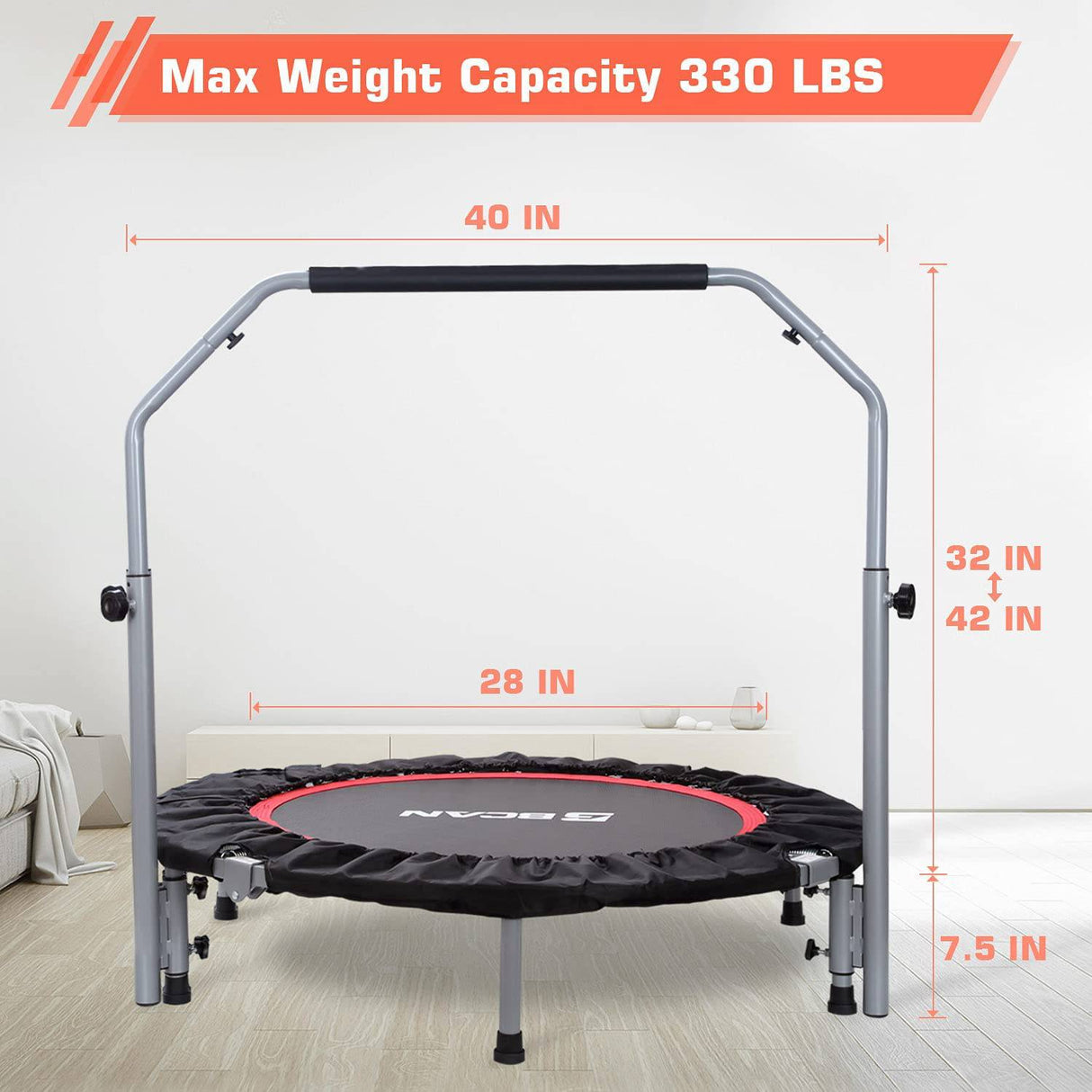 BCAN Mini trampolín plegable de 40 pulgadas, reboteador de fitness con mango de espuma ajustable, trampolín de ejercicio para adultos, entrenamiento en interiores/jardín, carga máxima de 330 libras/440 libras