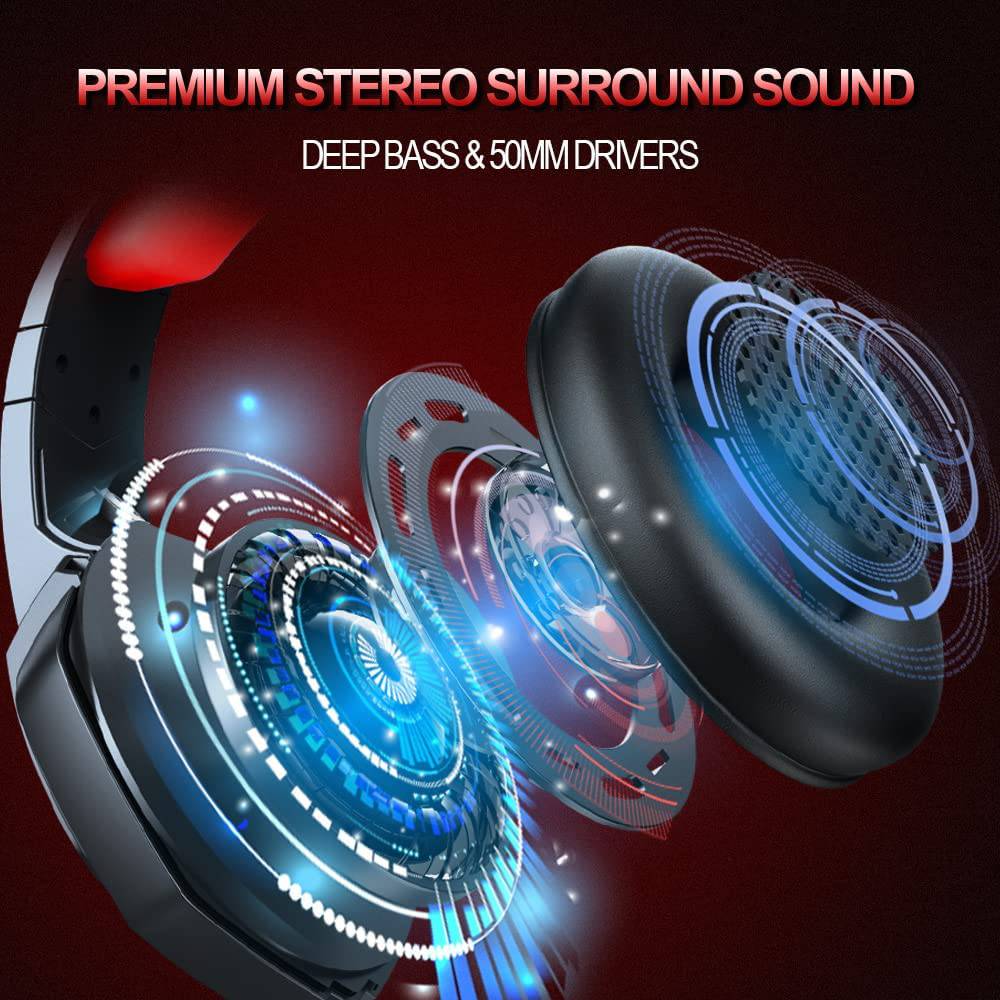 Donerton - Auriculares para juegos, sobre la oreja con micrófono con cancelación de ruido, sonido envolvente de graves estéreo, orejeras de memoria suave, luz LED, auriculares para juegos PS4 compatibles con PC, computadora portátil, PS4, PS5, rojo