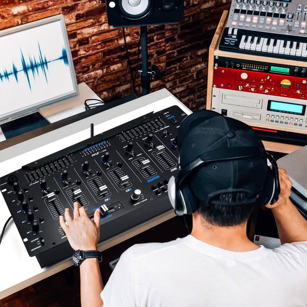 Pyle Mezclador de 6 canales, controlador de DJ Bluetooth, mezclador estéreo, sistema de sonido profesional, iluminación LED, mezclador de audio digital, sistema de mezcla digital, control de velocidad, sistema de montaje en rack 5U, PYD1964B.5