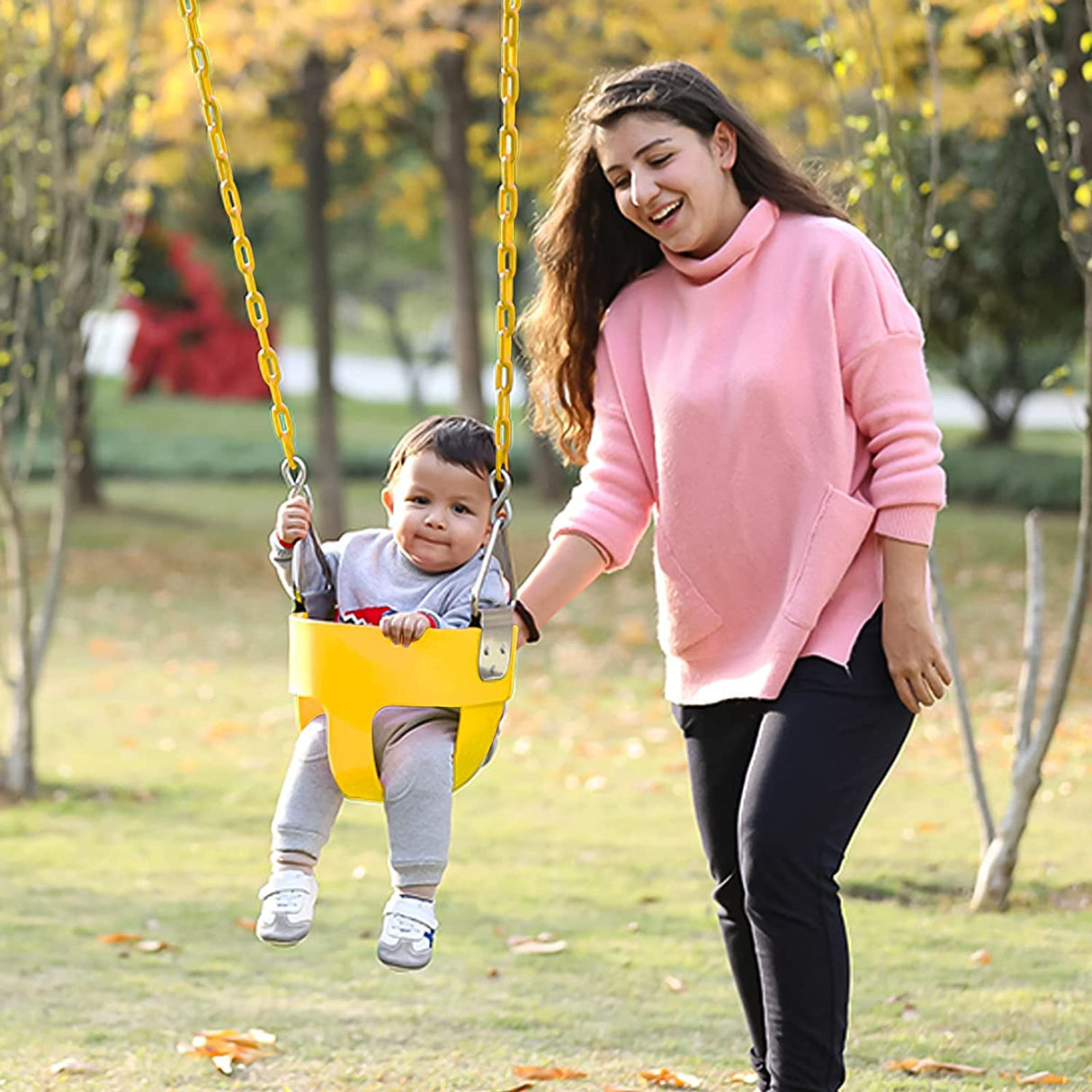 Lovely Snail - Asiento columpio para niños pequeños con respaldo alto y cadenas recubiertas de plástico de 66 pulgadas (amarillo y verde) - DIGVICE MX
