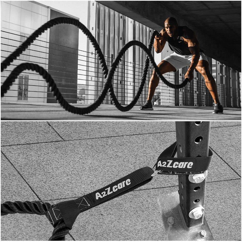 A2ZCARE Kit de anclaje de cuerda de batalla, configuración fácil y rápida, incluye guía de ejercicios - Kit de anclaje de cuerda de batalla de fitness con gancho de seguridad de acero inoxidable y correas reforzadas resistentes