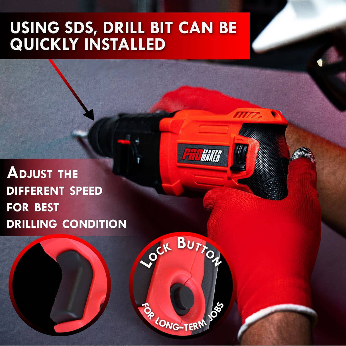 Taladro percutor PROMAKER SDS-PLUS 850W, Taladro percutor Sds 4 funciones en 1, 7,5 AMP, velocidad variable, Percutor para hormigón con maletín y accesorios, Taladro percutor Sds con cable - DIGVICE MX