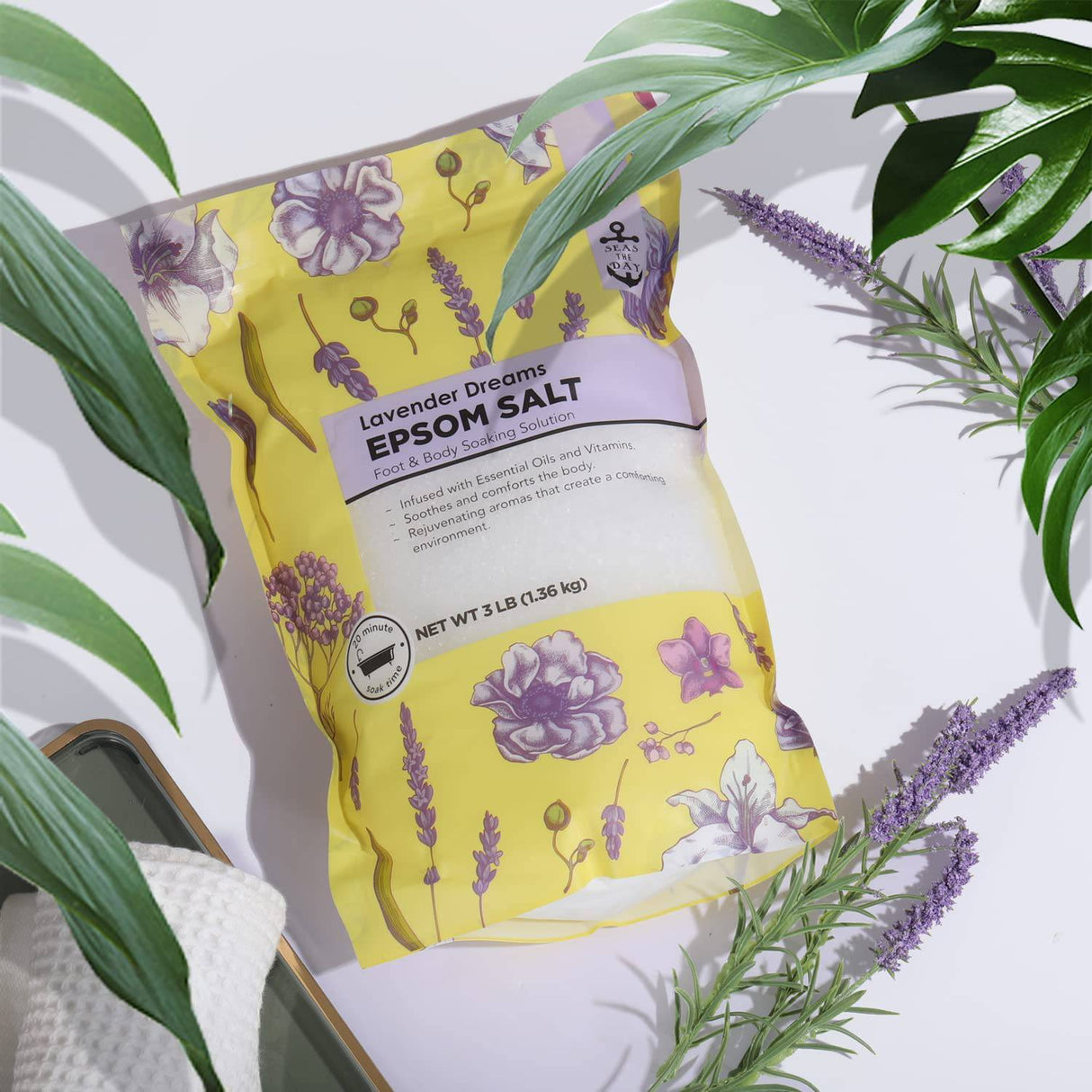 Seas the Day - Sal de Epsom para remojo, sales de baño con lavanda y coco y aroma de menta Eucalyplus 3 lb, juego de spa a granel de sales de Epsom para mujeres relajantes 3 lb x 3 piezas