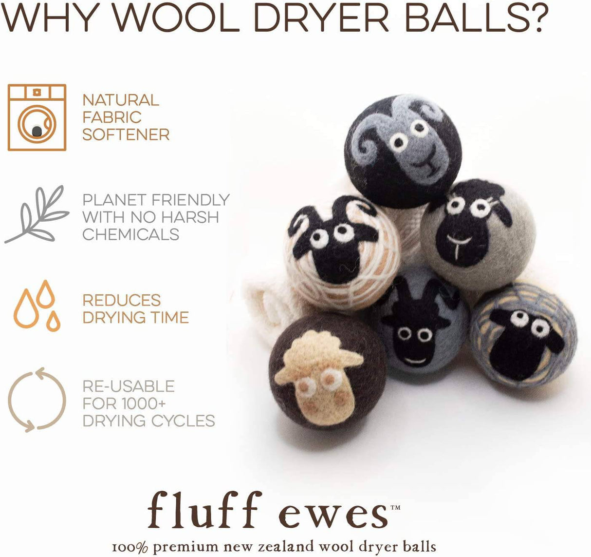 Fluff Ewes Bolas de secadora de lana reutilizables hechas a mano de Nueva Zelanda para la colada, alternativa antiestática al suavizante de tela líquido, bolas de secadora de plástico o hojas de secadora, juego de 6 unidades - DIGVICE MX