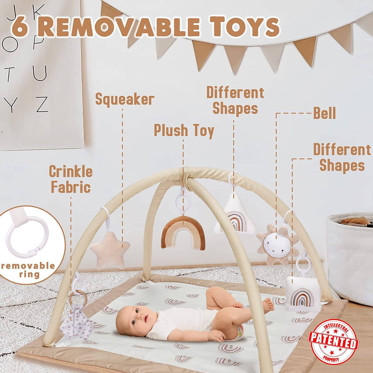 Mallify - Centro de actividades de gimnasio para bebés lavable con tapete de juego, tapetes de desarrollo temprano arcoíris, 6 juguetes para bebés y niños pequeños, más grandes, antideslizantes - DIGVICE MX