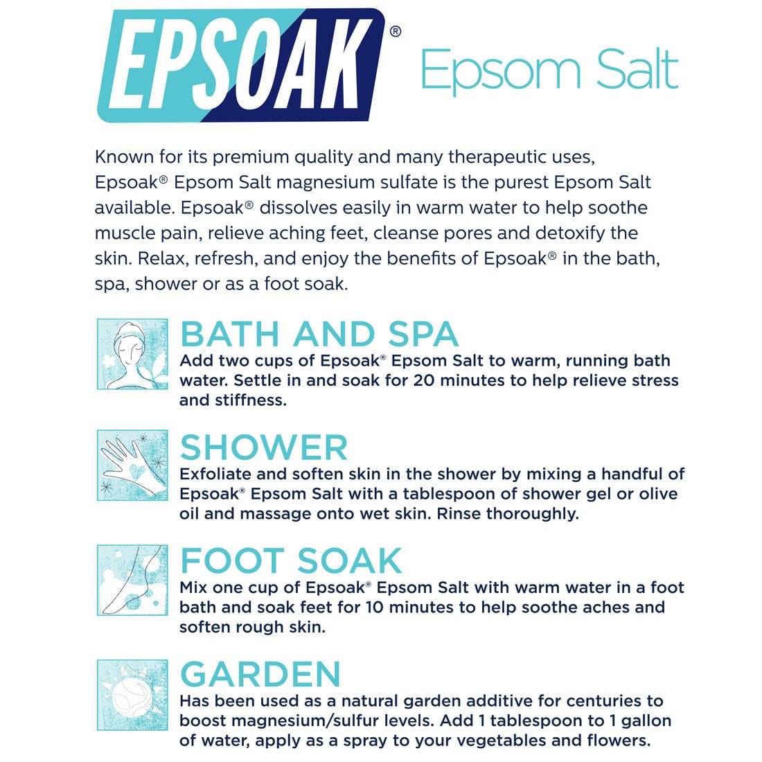 Epsoak Epsom Salt Bolsa a granel de 19 lb Sulfato de magnesio USP