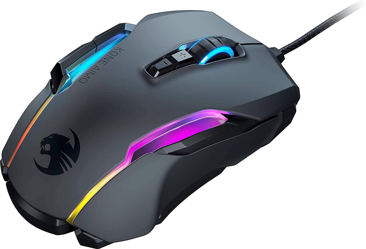 ROCCAT Kone AIMO - Ratón para juegos de PC remasterizado, óptico, iluminación retroiluminada RGB, 23 teclas programables, memoria integrada, empuñadura de palma, sensor de ojo de búho, ergonómico, iluminación LED, ajustable a 16 000 ppp, negro