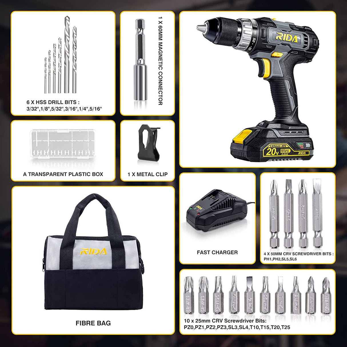 RIDA - Juego de taladros eléctricos inalámbricos de 20 V, portabrocas de metal sin llave de 1/2 pulgadas, par de torsión de 355 in-lb, batería de iones de litio de 2,0 AH y cargador rápido, velocidad variable, 25+1 posiciones y 21 brocas - DIGVICE MX