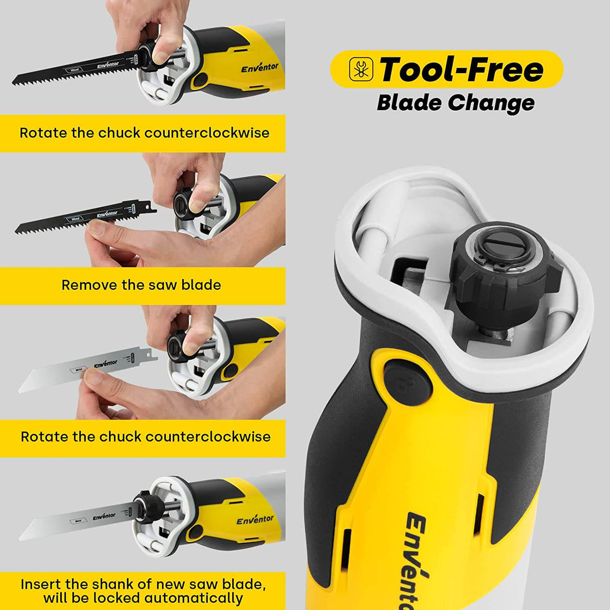 Sierra recíproca, ENVENTOR 20V MAX Sierra inalámbrica sin escobillas con dos paquetes de baterías de 2.0AH, 3000RPM, longitud de carrera de 7/8", velocidad variable, cambio de hoja sin herramientas, 5 hojas de sierra para corte de madera y metal - DIGVICE MX