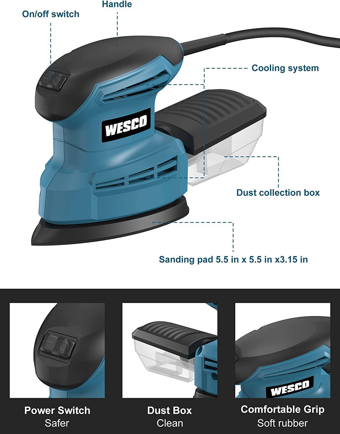 WESCO - Lijadora de detalle , Compact 1.3A Detail Sander con 12 piezas de papel de lija, 14,000 OPM, bajo consumo de energía, sistema eficiente de recolección de polvo, para lijado de detalle en la decoración del hogar - DIGVICE MX
