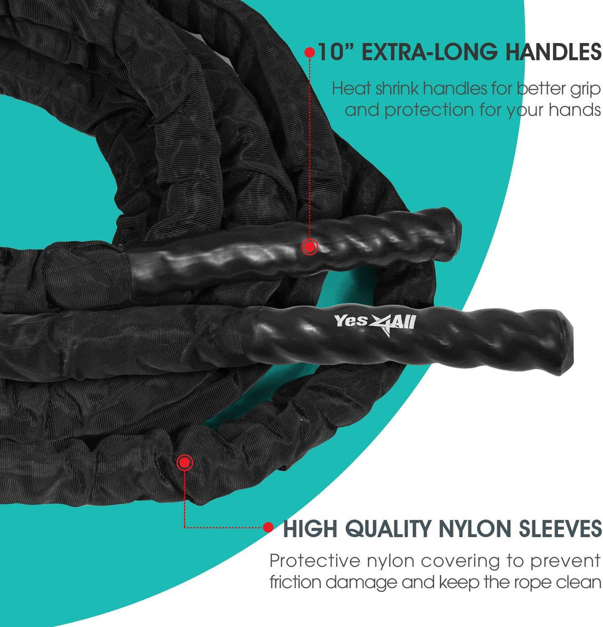 Yes4All - Cuerda de entrenamiento para ejercicios de batalla con cubierta protectora - Anclaje de acero y correa incluidos. 2in - 30ft