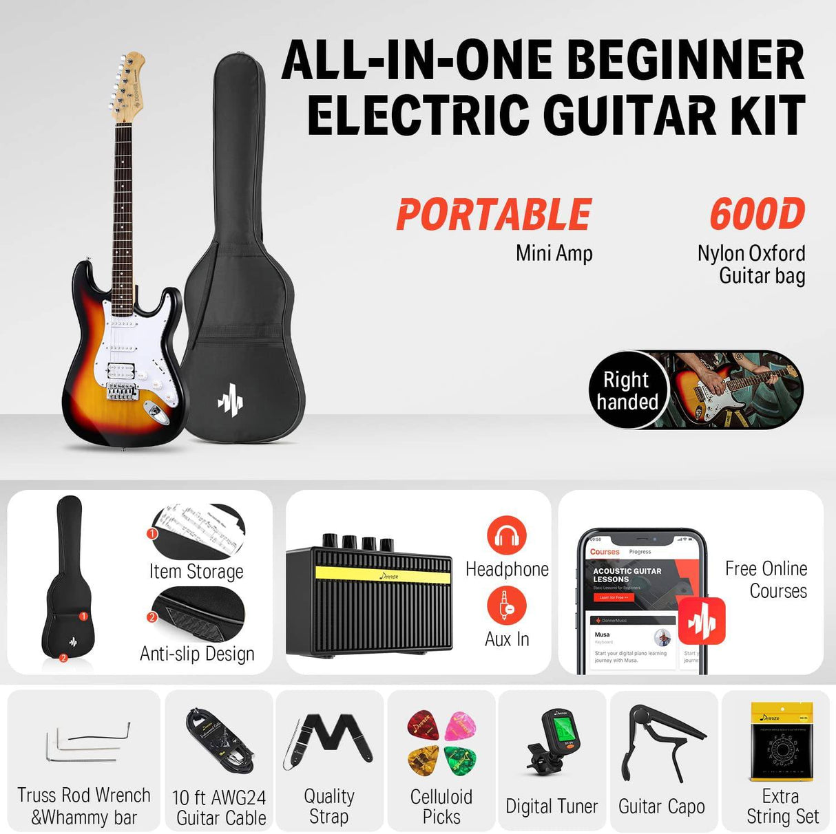 Donner DST-100S Kit de guitarra eléctrica de tamaño completo de 39 pulgadas Sunburst de cuerpo sólido, principiantes, con amplificador, bolsa, capo, correa, cuerda, sintonizador, cable, púas