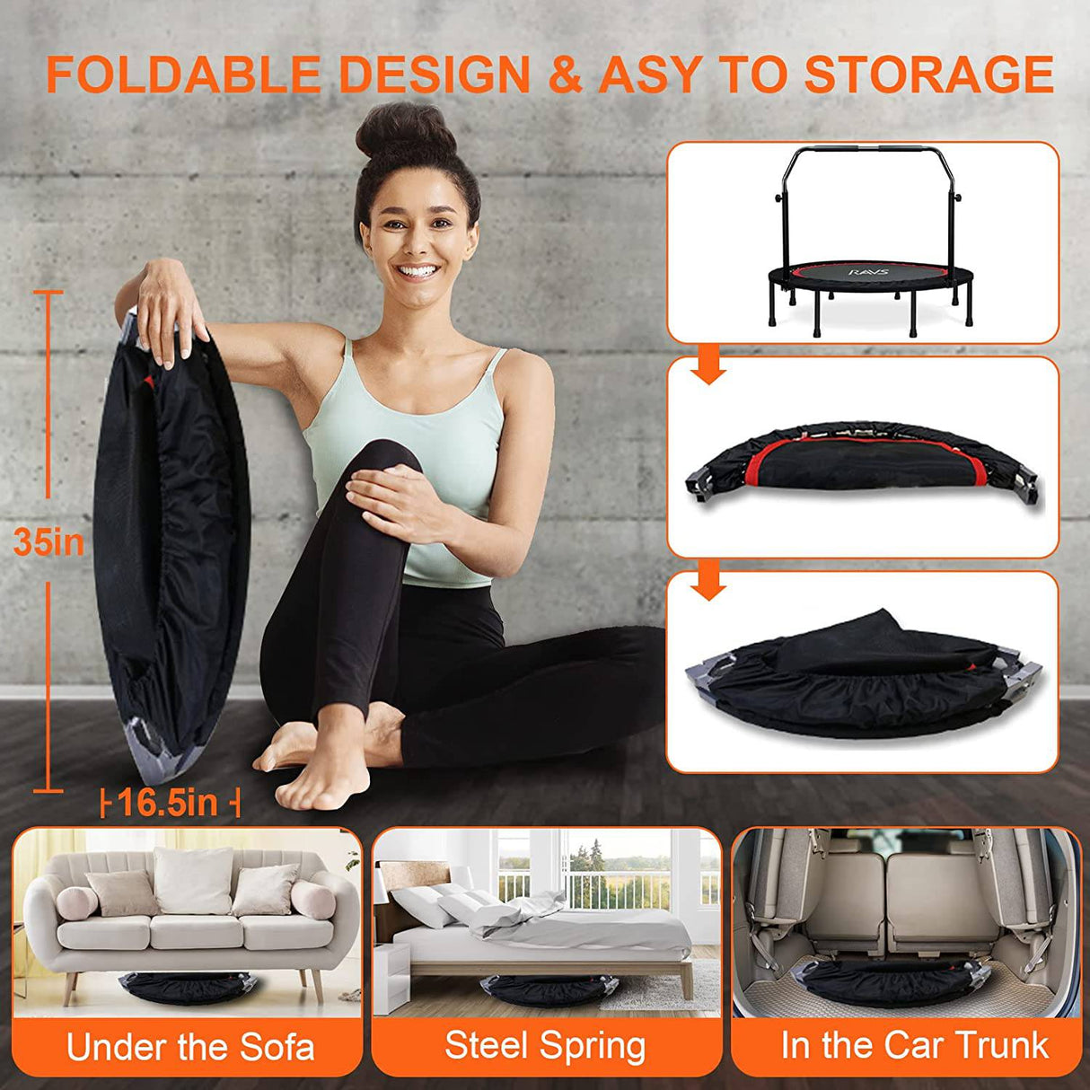 RAVS Mini Trampolín para niños Adultos 48 "Plegable Fitness Rebounder Kids Trampoline con 5 niveles Altura ajustable Mango Bandas de resistencia Entrenamiento en interiores Ejercicio Trampolín