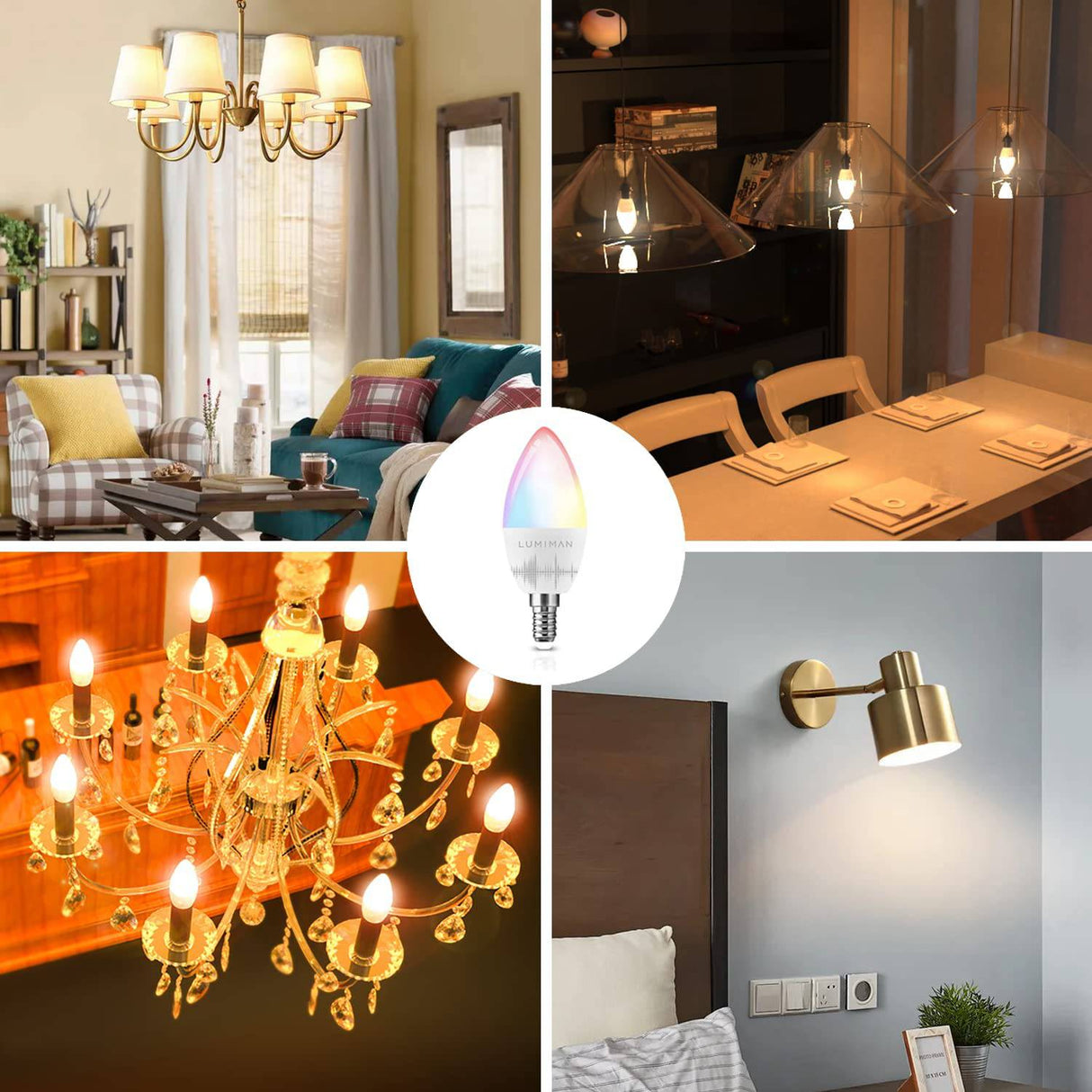 LUMIMAN Bombilla de candelabro inteligente WiFi E12 Bombilla LED B10/B11 Bombillas de lámpara de araña que cambian de color RGBCW Regulable, compatible con Alexa y Google Assistant 4W 400LM - DIGVICE MX