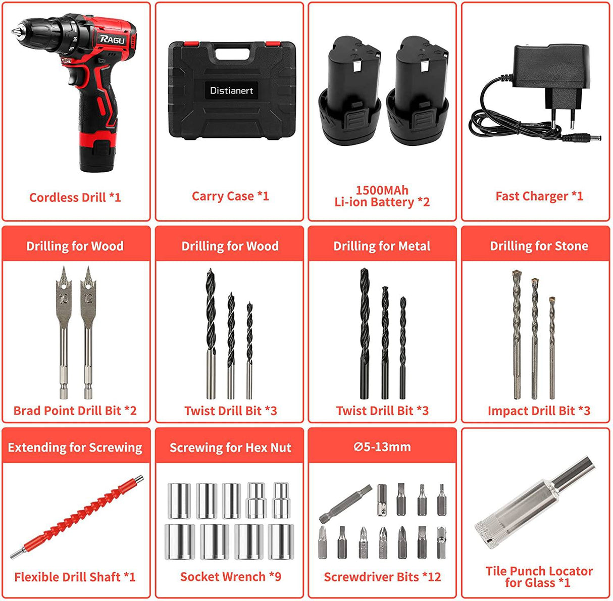 Ragu Kit de taladro inalámbrico de 12,6 V, taladro eléctrico con 2 baterías y cargador, 34 piezas, ajuste de par de 18+1, portabrocas sin llave de 3/8 pulgadas 30 Nm máximo, destornillador eléctrico con 2 velocidades, luz LED para proyectos de bricolaje - DIGVICE MX