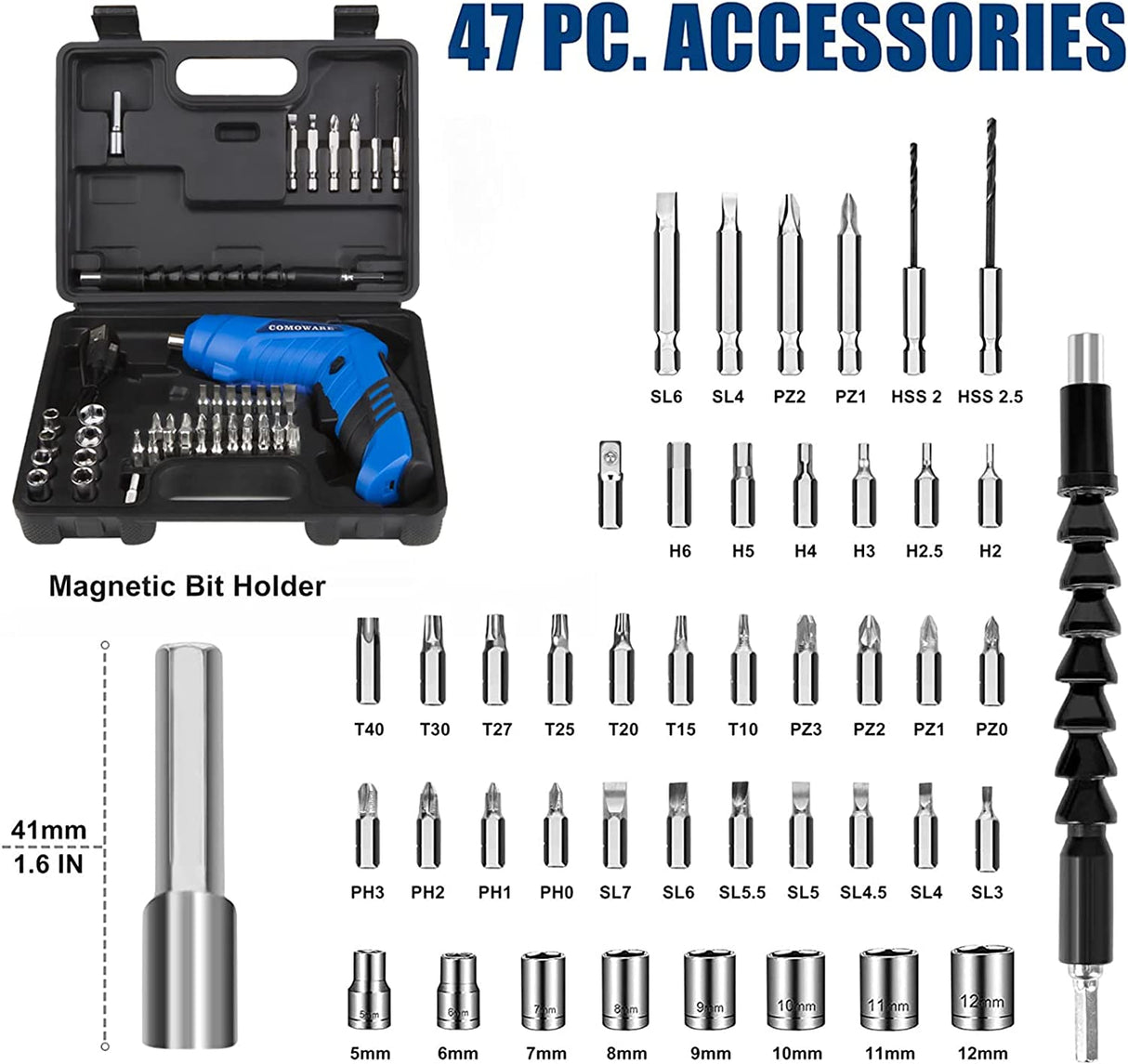 COMOWARE Destornillador eléctrico, 3.6V Max 5Nm Destornillador inalámbrico Recargable Set con 47 Kit de accesorios - DIGVICE MX