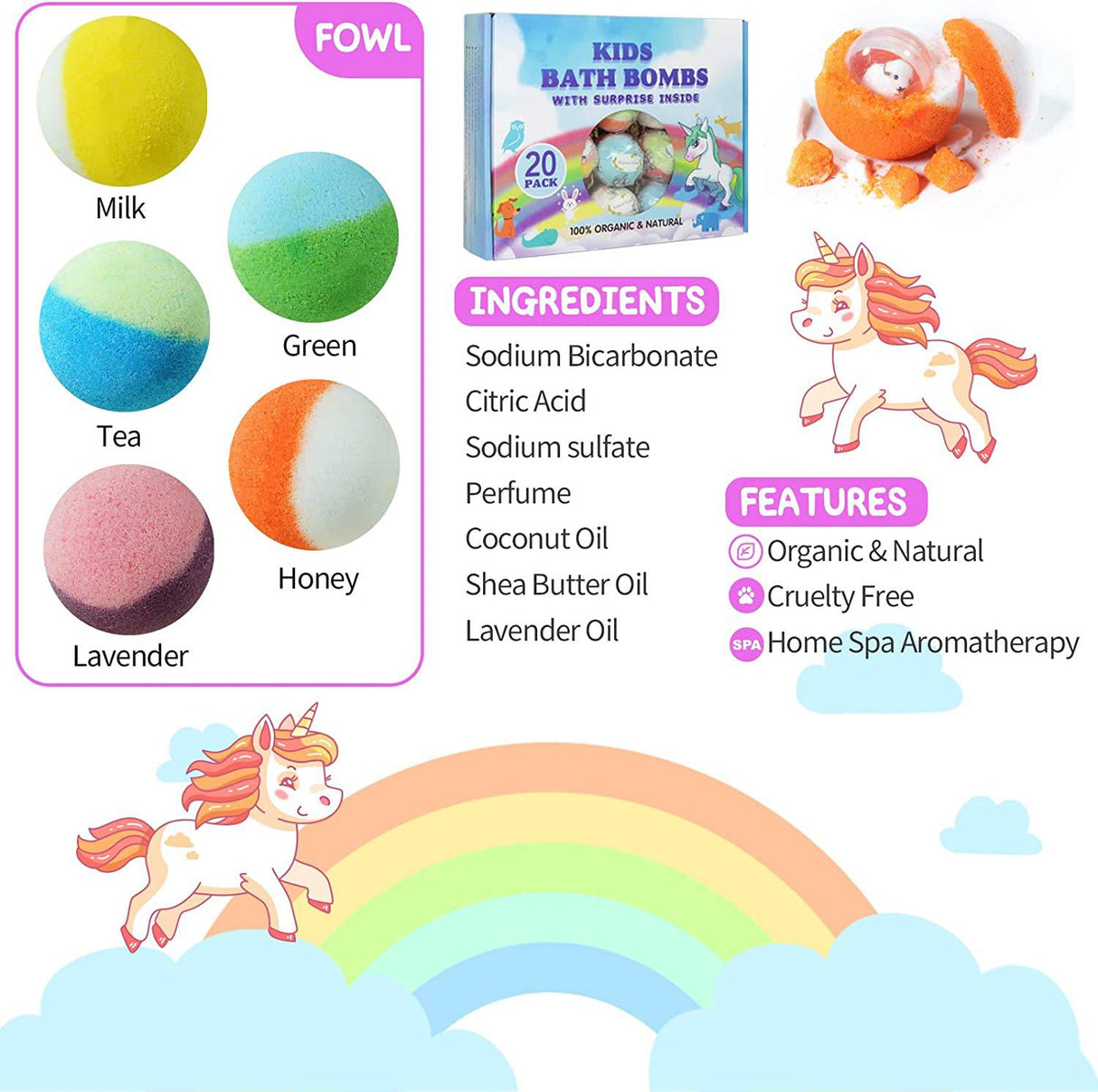 Yekeri - Juego de regalo de bomba de baño con juguetes en el interior, paquete de 20 bombas de baño orgánicas para niños, bolas efervescentes hechas a mano seguras para niños, regalo de cumpleaños ideal para niños y niñas)