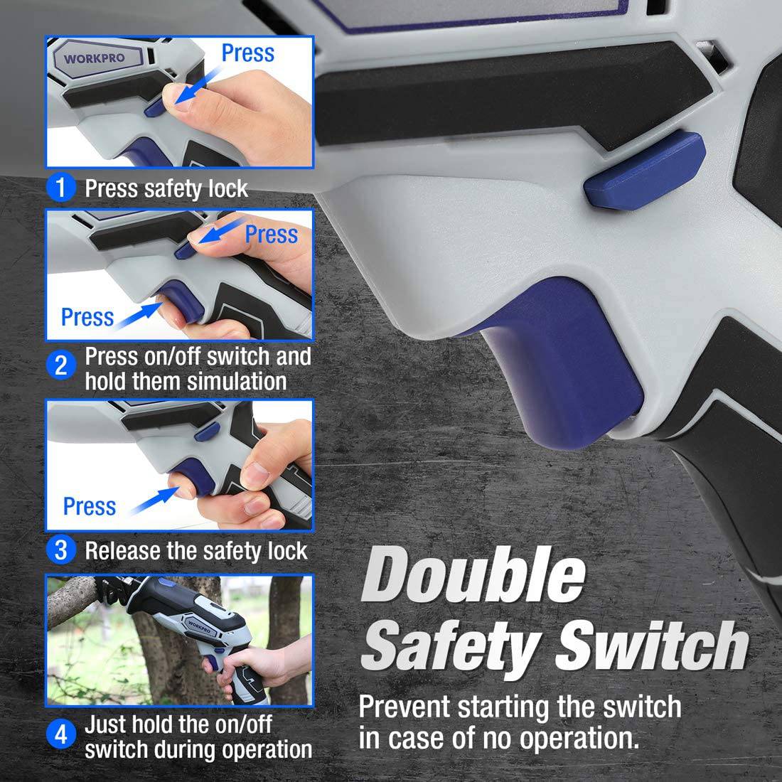 WORKPRO Sierra alternativa inalámbrica de 12 V con mordaza de sujeción, batería de iones de litio de 2 Ah con cargador rápido de 1 hora, velocidad variable y cambio de hoja sin herramientas, 3 hojas de sierra para corte de madera y metal - DIGVICE MX