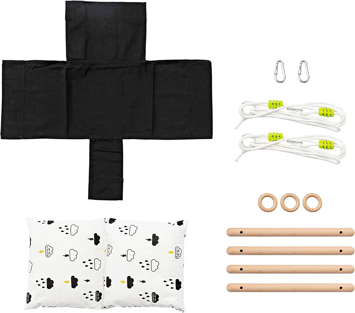 Milan Secure Canvas and Wooden Baby - Columpio exterior Juguetes para niños Columpios 6-36 meses con anillo de madera natural y cojín de nube, blanco y negro - DIGVICE MX