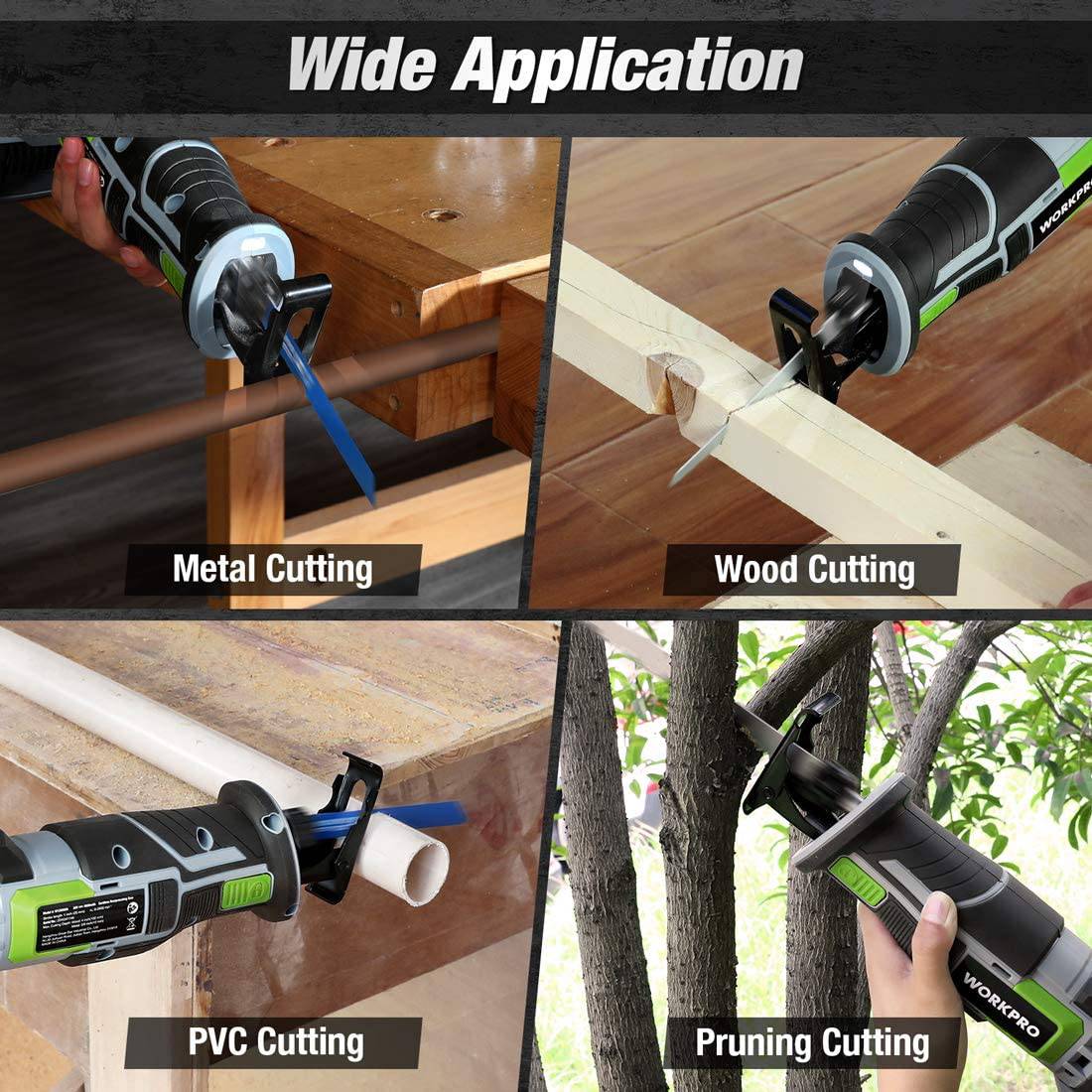 Sierra recíproca inalámbrica WORKPRO, batería de 20 V 4,0 Ah, longitud de carrera de 1 pulgada, 4 hojas de sierra para corte de madera y metal incluidas - DIGVICE MX