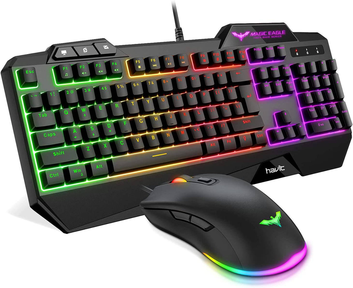 Havit Gaming Keyboard Mouse Headset & Mouse Pad Kit, Rainbow LED Backlit Wired, Over Ear Headphone con micrófono para PC, computadora portátil y más