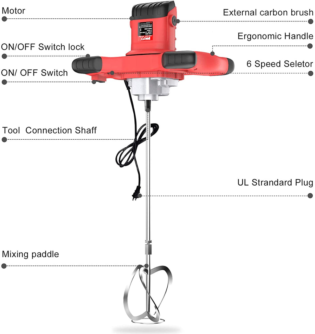 IMAYCC Mezcladores de concreto portátiles 2100W Ajustable 6 velocidades Mezclador de cemento de concreto eléctrico portátil Thinset Mortero Lechada Yeso Mezclador de pintura Herramienta de agitación AC 110V - DIGVICE MX