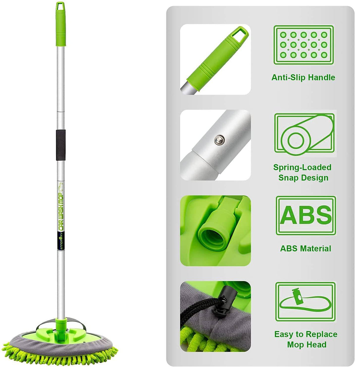 ANNGROWY - Juego de trapeador y cepillo de microfibra para lavado de autos de 62 pulgadas, esponja con mango largo, kit de suministros de limpieza para autos, 1 cabezal de repuesto de chenilla sin rasguños, barra de aleación de aluminio