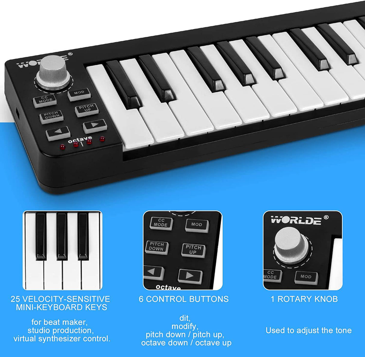 LOTKEY - Controlador MIDI, teclado MIDI Lotkey de 25 teclas, teclado portátil Worlde Easykey.25 Mini controlador MIDI USB de 25 teclas