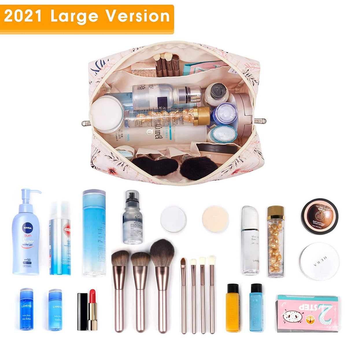 NARWEY - Bolsa de maquillaje grande con cremallera, organizador de cosméticos de viaje para mujeres y niñas (grande, pájaro beige)