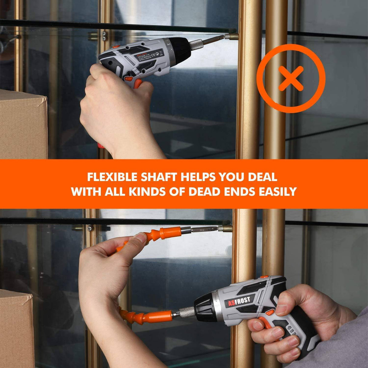 Destornillador eléctrico inalámbrico AsFrost 3.6V 2000mAh Recargable Pistola de tornillo y juego de puntas, 45 piezas de accesorios, 7 ajustes de torsión, mango de 2 posiciones con luz LED, eje flexible - DIGVICE MX