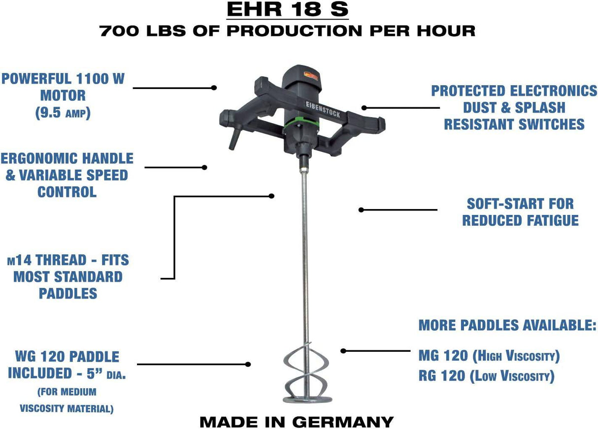 CS Unitec EHR 18 S Mezclador de concreto eléctrico portátil de mano que incluye paleta WG 120, 9.5 A, 110 VCA, 700 lb por hora - DIGVICE MX