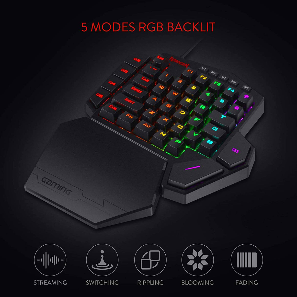 Redragon K585 DITI Teclado mecánico para juegos RGB con una sola mano, teclado para juegos profesional tipo C con 7 teclas macro integradas, reposamuñecas desmontable, 42 teclas (interruptor negro-azul)