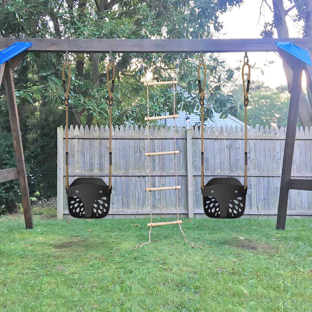 SELEWARE Asiento de columpio para niños pequeños con respaldo alto y respaldo alto con mosquetones de bloqueo y cuerda ajustable, lindo diseño en forma de elefante, límite de peso de 600 lb (columpio de cubo, negro) - DIGVICE MX