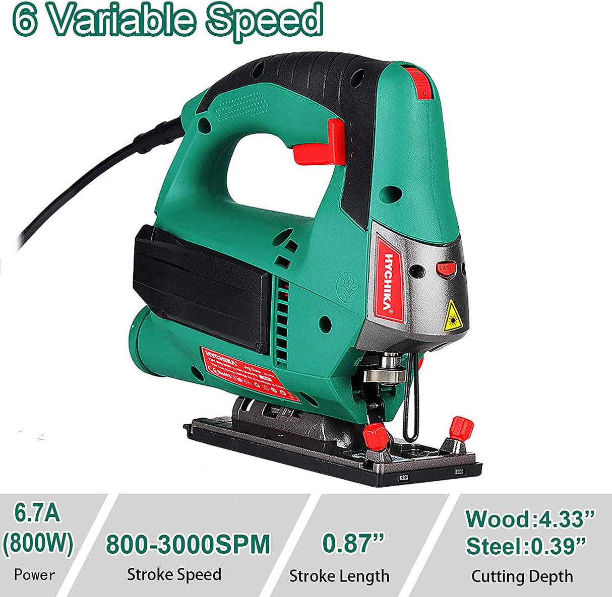 Sierra de calar, 6.7A 800W HYCHIKA Sierra de calar 800-3000SPM con 6 velocidades variables, 4 juegos orbitales, ángulo de bisel 45°, 6 cuchillas, motor de cobre puro, guía láser, estuche de transporte Madera Metal Corte de plástico - DIGVICE MX
