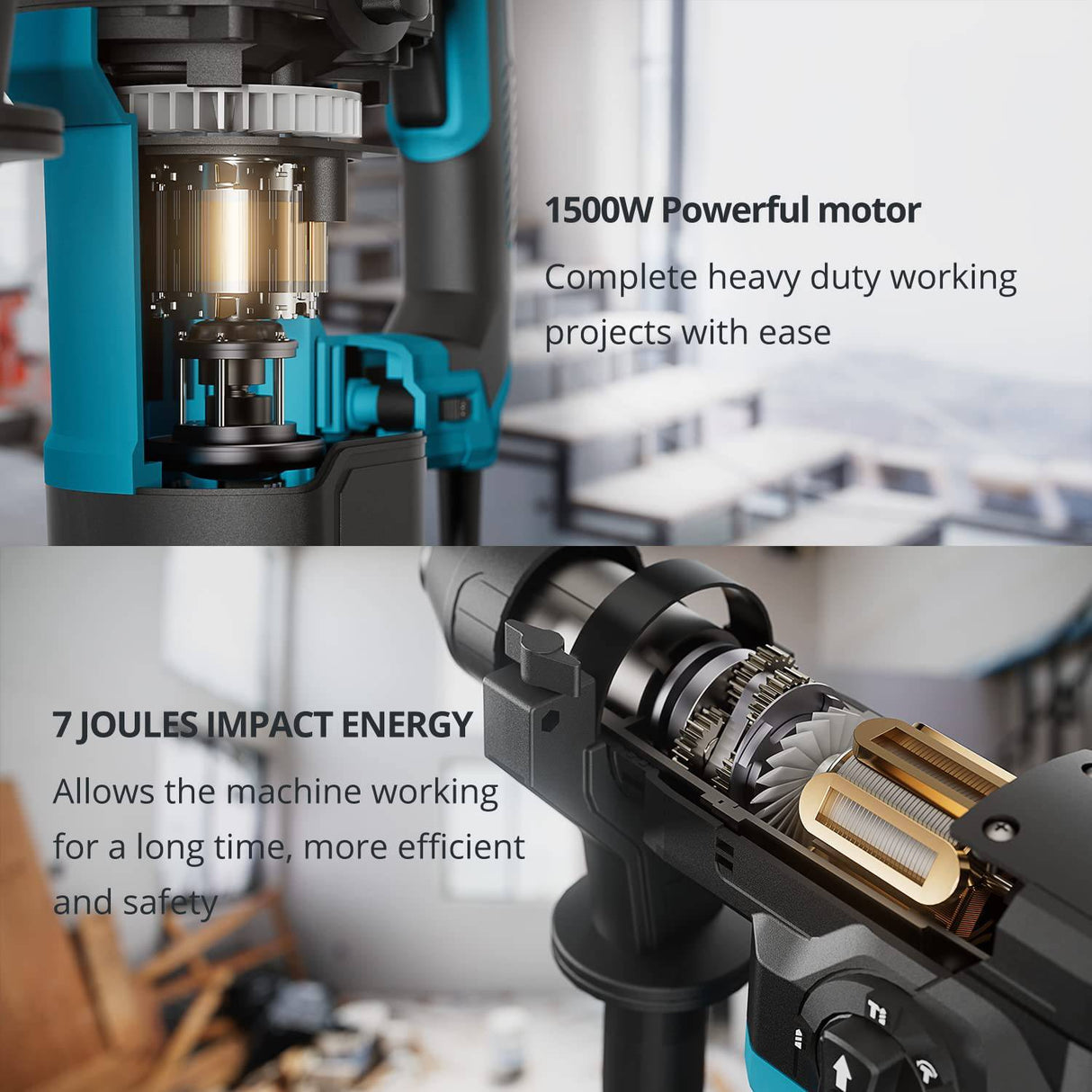 Taladro percutor Tilswall SDS-Plus de 1500 W, 4 funciones y mango de agarre suave ajustable con control de vibración, rompedor de hormigón, incluye 3 brocas, punta y cincel plano con estuche - DIGVICE MX