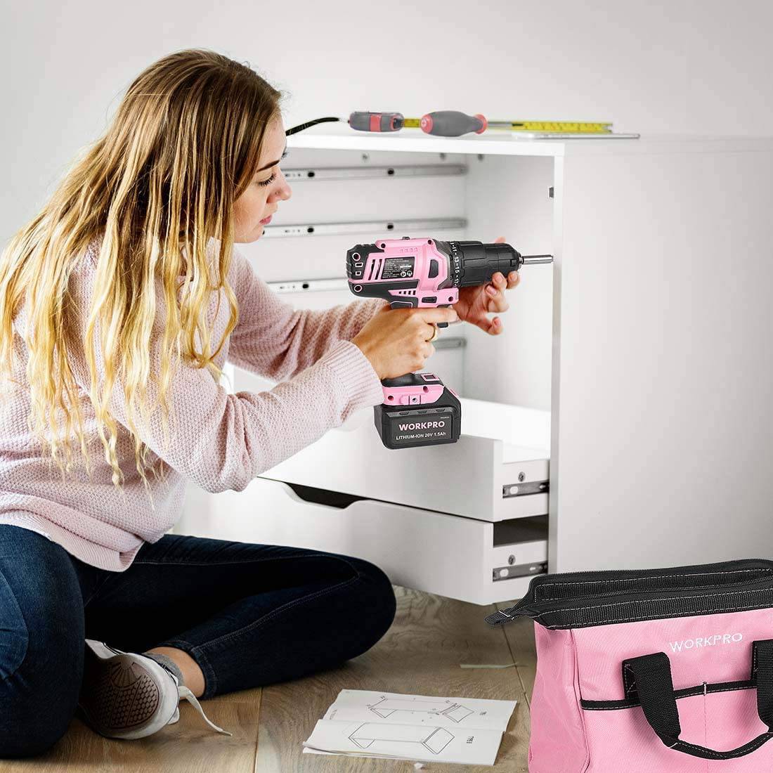 WORKPRO Pink Wireless - Juego de destornilladores de iones de litio de 20 V, 1 batería, cargador y bolsa de almacenamiento incluidos, cinta rosa - DIGVICE MX