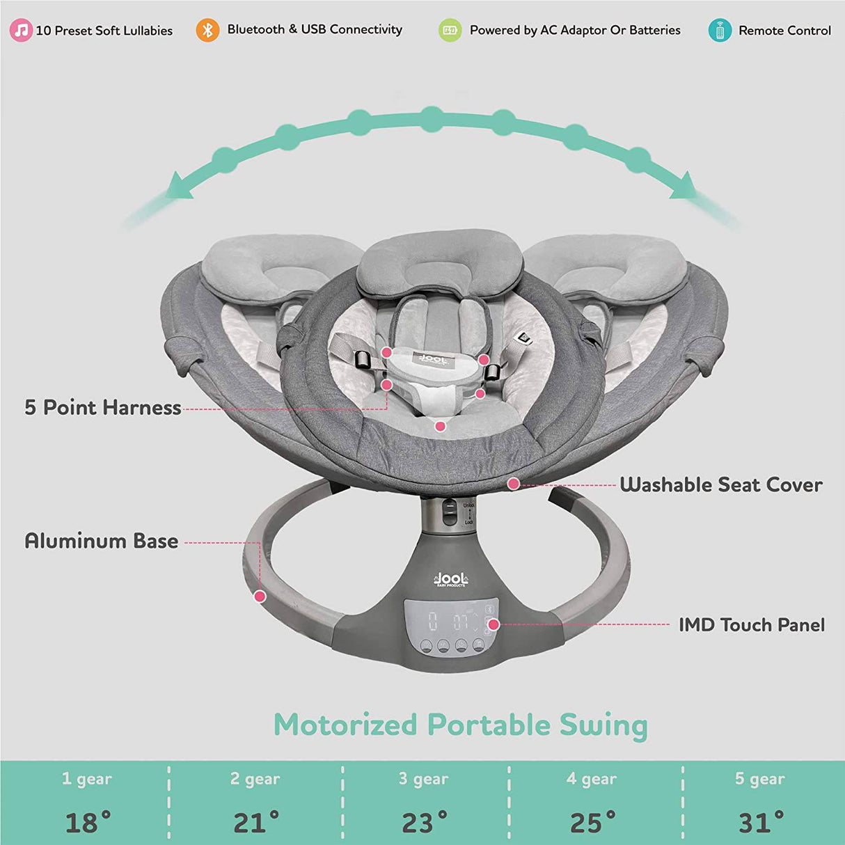 Nova Baby Swing para bebés - Columpio portátil motorizado, altavoz de música Bluetooth con 10 canciones de cuna preestablecidas, control remoto, gris - Jool Baby - DIGVICE MX