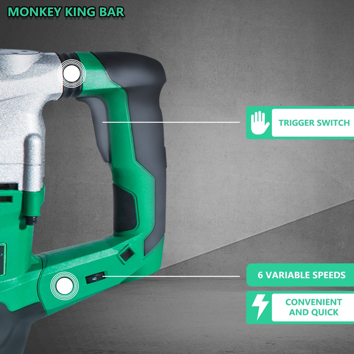 Monkey King Bar-SDS Max 120V 1500W 4200BPM Taladro percutor eléctrico rotatorio para hormigón con protección UVP contra vibraciones del usuario - Incluye kit de demolición SDS Max, cinceles planos y de punta con estuche - DIGVICE MX
