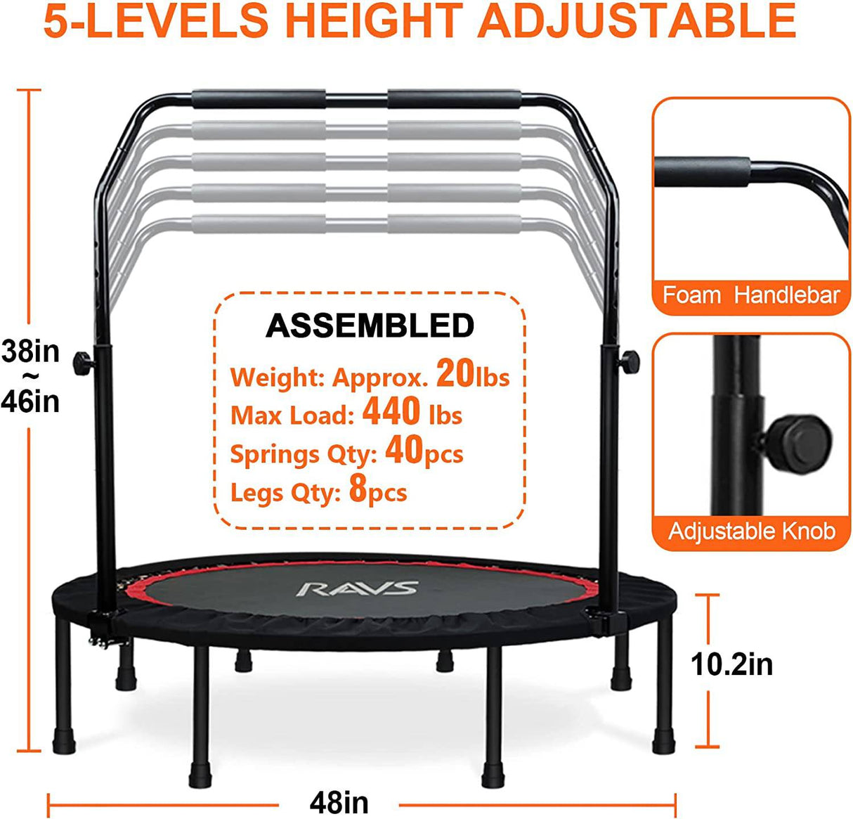RAVS Mini Trampolín para niños Adultos 40" Plegable Fitness Rebounder Niños Trampolín con 5 Niveles Altura Ajustable Mango Bandas de Resistencia Entrenamiento Interior Ejercicio Trampolín