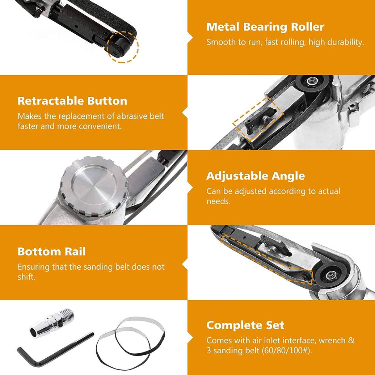 BEAMNOVA Mini lijadora de banda de aire para carpintería, trabajo de metal, amoladora angular de mano de 3/8 pulgadas, herramienta neumática industrial con 3 cinturones de grano 60/80/100 - DIGVICE MX