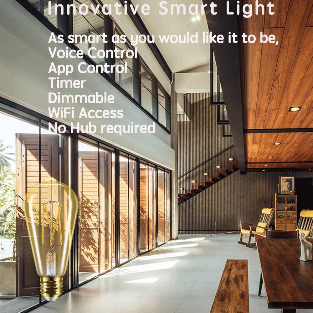 SMARTOTO - Bombilla inteligente WiFi Edison ámbar compatible con Alexa y Google Assistant, vintage regulable E26 ST21 ST64 equivalente a 60 W 2700 K blanco suave no requiere concentrador bombillas LED doradas (1 paquete) - DIGVICE MX