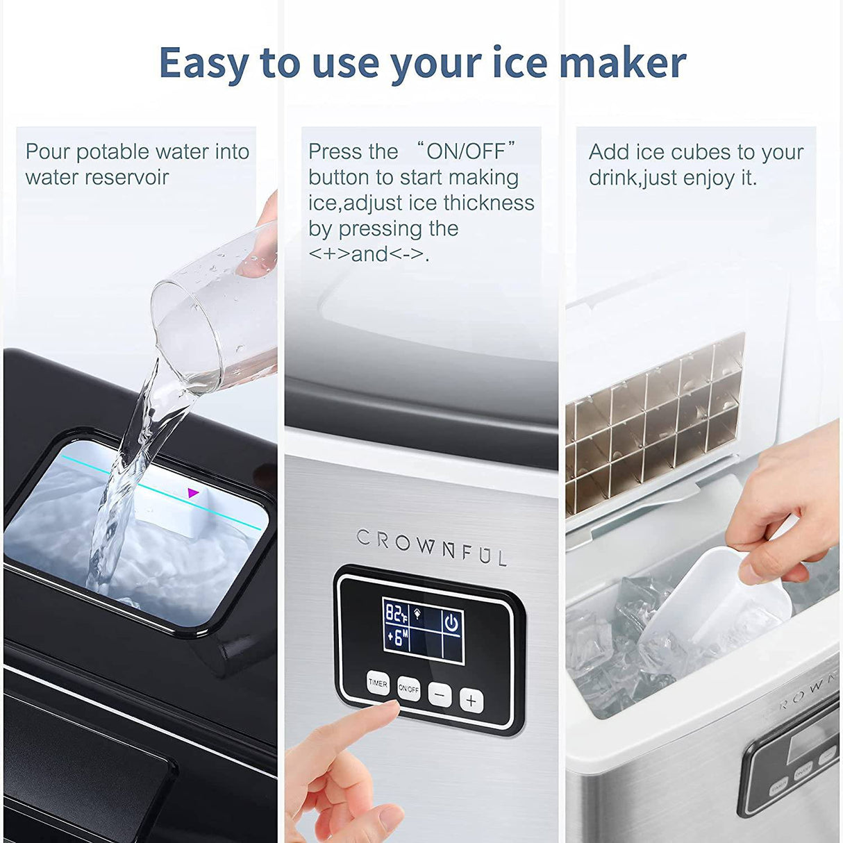 CROWNFUL - Máquina para hacer hielo, encimera, 40 libras/24 horas, 24 cubitos de hielo transparentes en 13 minutos, autolimpieza automática, pantalla LCD, portátil compacta con cuchara y cesta - DIGVICE MX