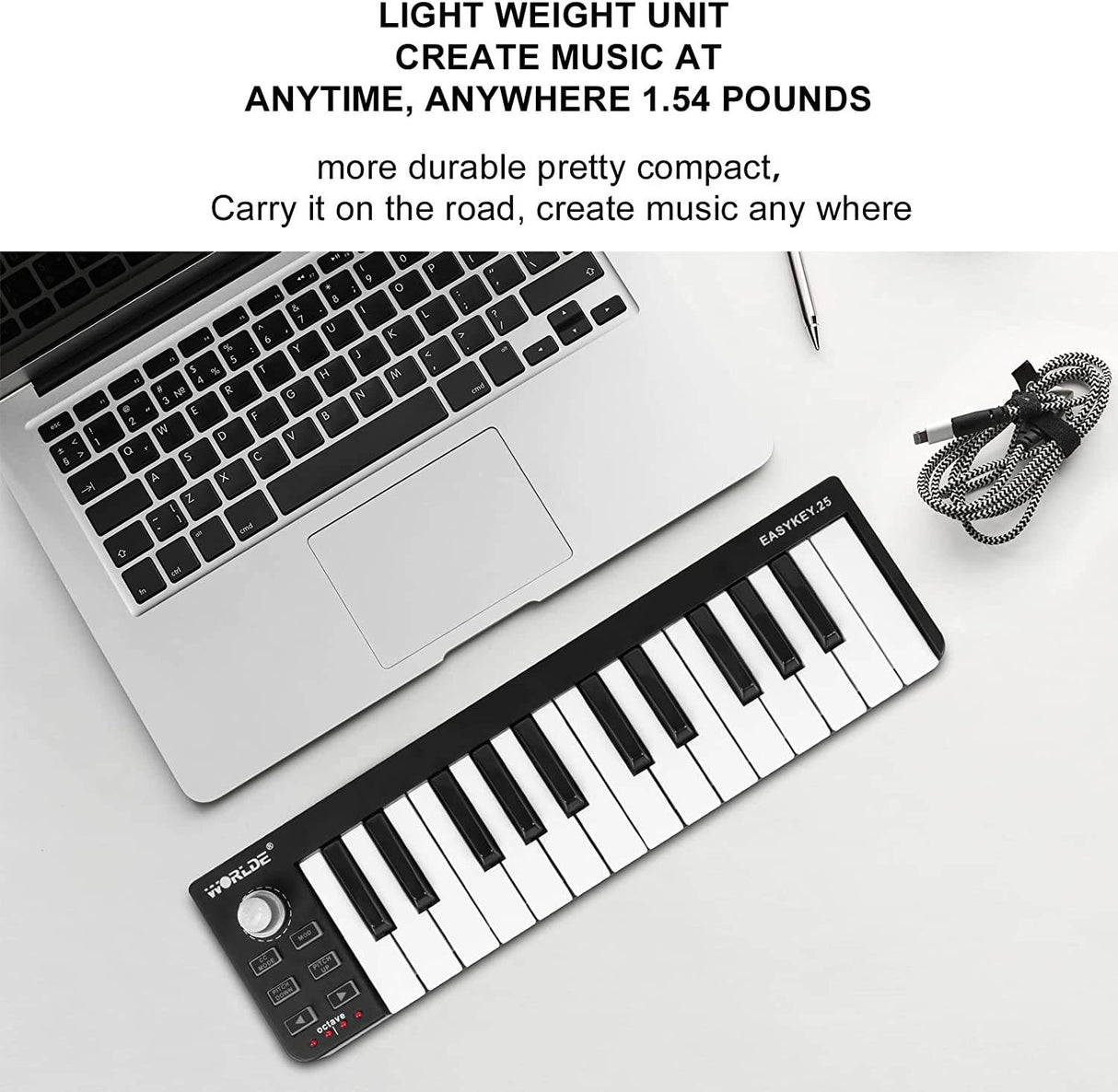 LOTKEY - Controlador MIDI, teclado MIDI Lotkey de 25 teclas, teclado portátil Worlde Easykey.25 Mini controlador MIDI USB de 25 teclas