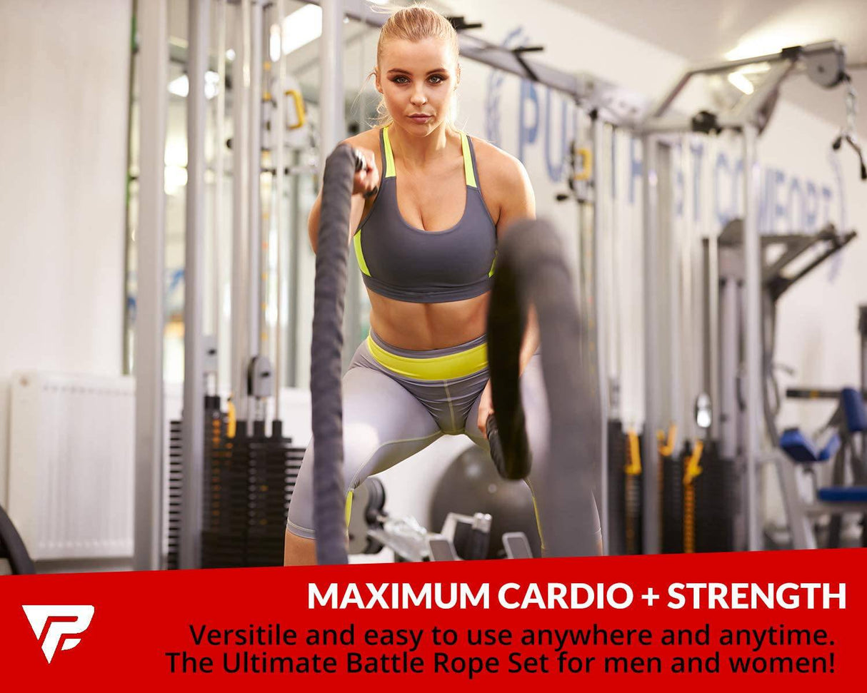 Profect Sports - Pro Battle Ropes con kit de correa de anclaje y póster de ejercicio - Funda protectora duradera mejorada - Cuerda de batalla pesada 100% Poly Dacron para entrenamiento de fuerza, cardio, crossfit, cuerda de ejercicio