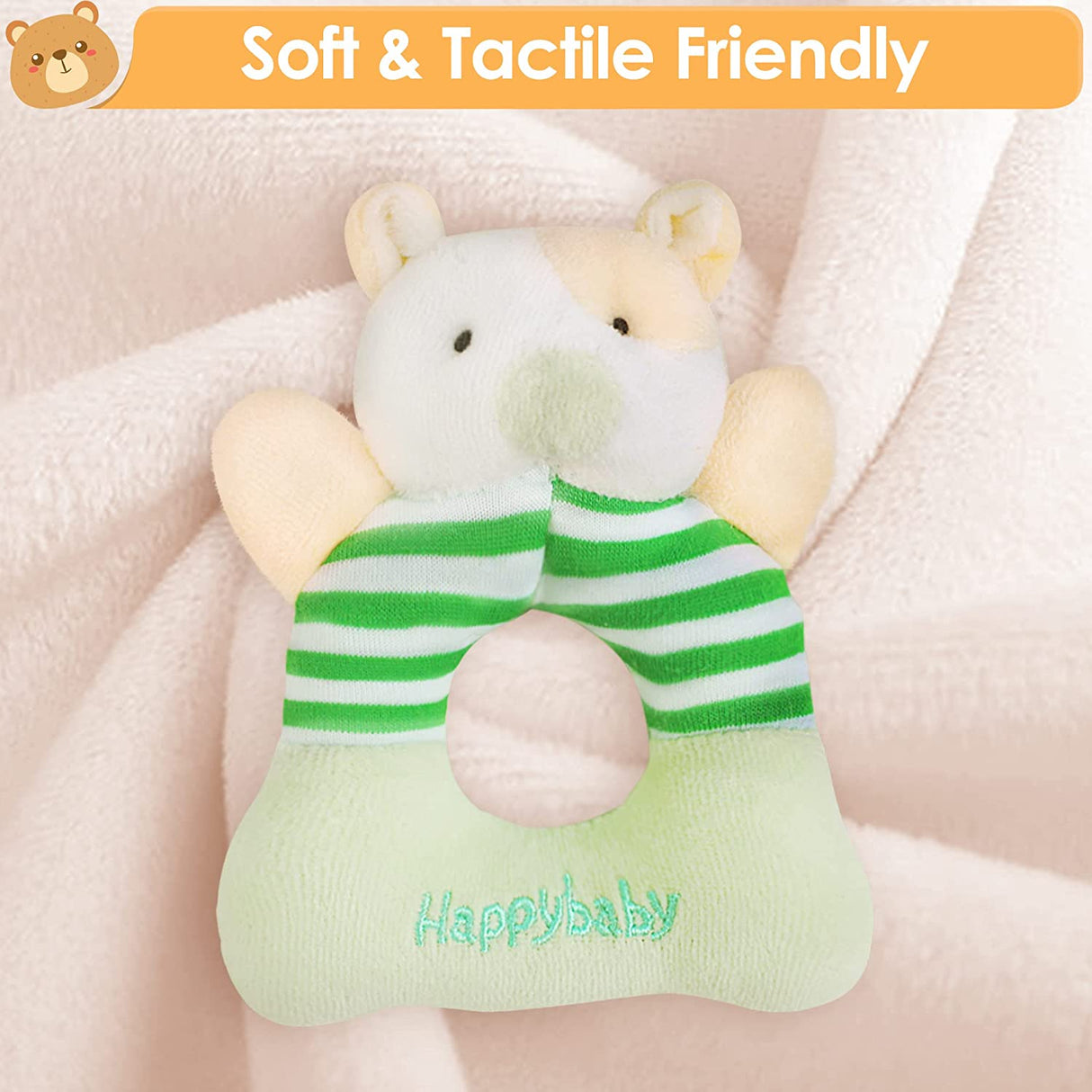 iPlay, iLearn 4 juguetes de peluche para bebé con sonajero suave, agitador sensorial de mano, juego de animales de peluche de granja - B077PS65DG