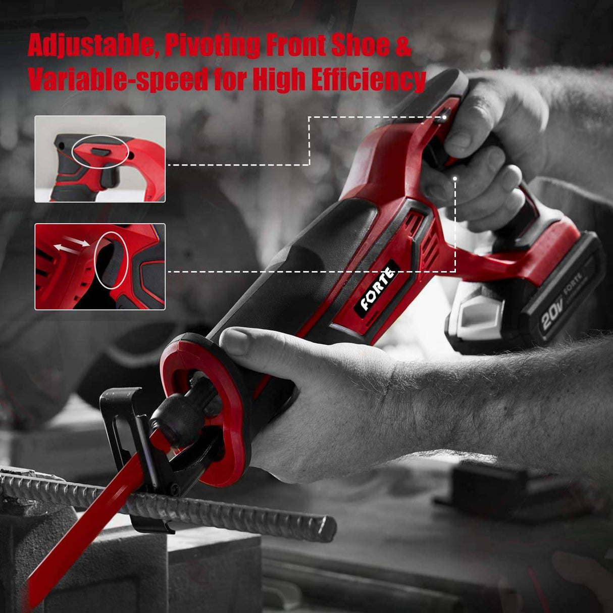 Sierra alternativa FORTE de 20 V máx. con batería de iones de litio y cargador rápido, velocidad variable y cambio de hoja sin herramientas, 2 hojas de sierra para corte de madera y metal - DIGVICE MX