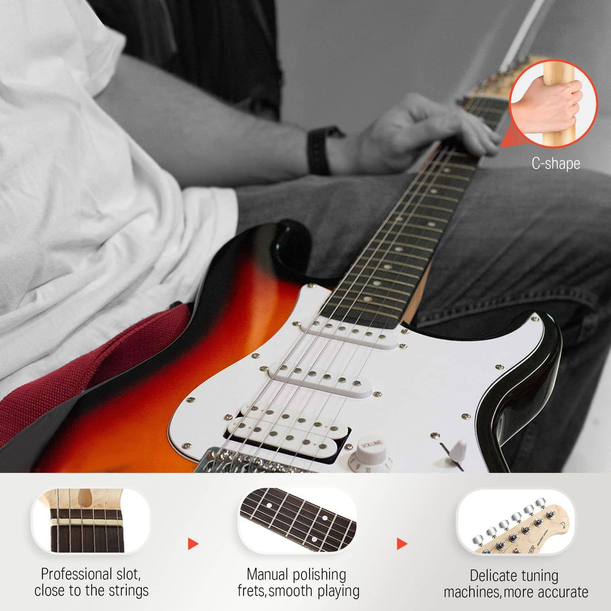 Donner DST-100S Kit de guitarra eléctrica de tamaño completo de 39 pulgadas Sunburst de cuerpo sólido, principiantes, con amplificador, bolsa, capo, correa, cuerda, sintonizador, cable, púas